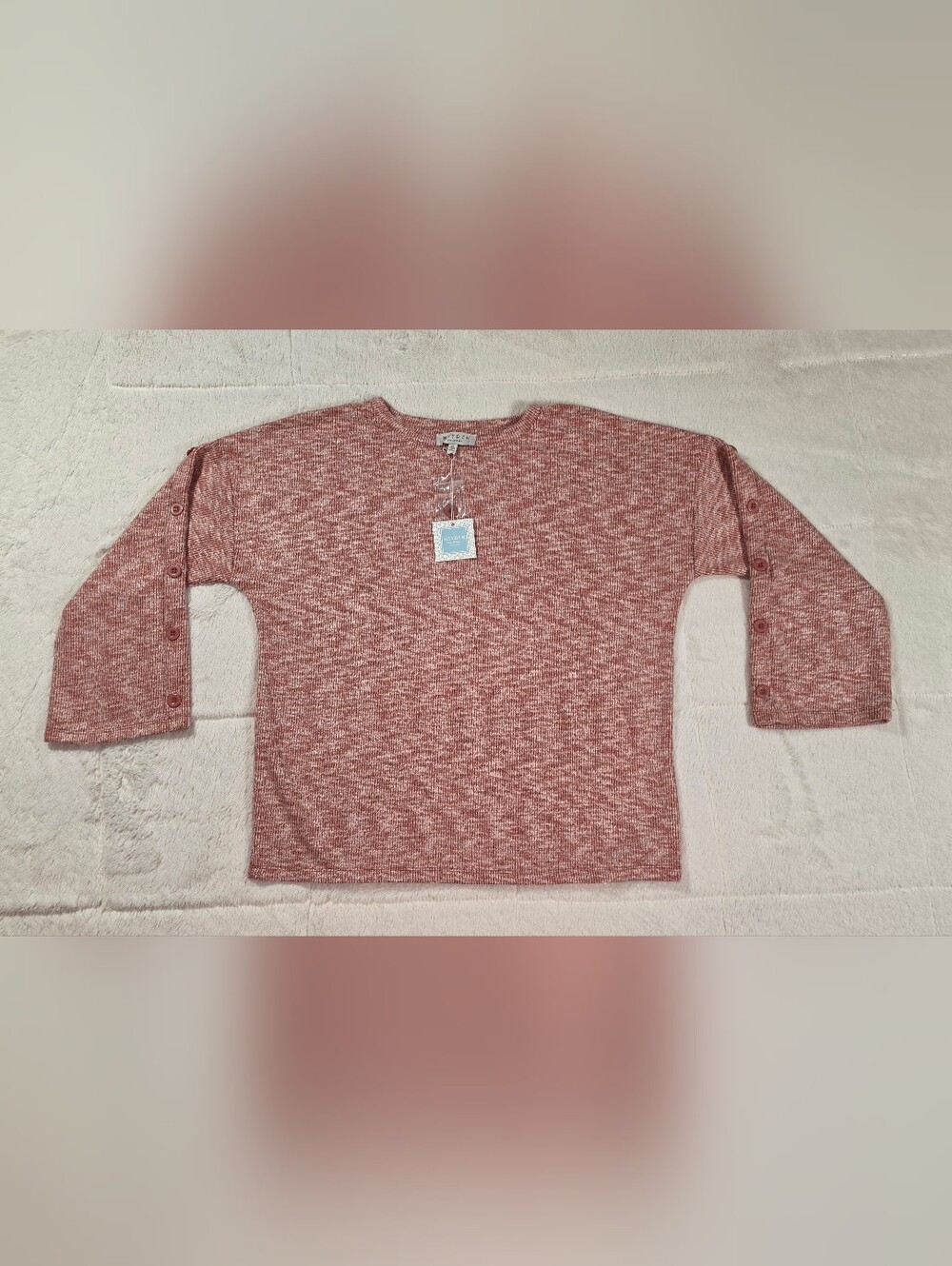 Hayden Heathered Rose Pink Crewneck Sweater with Button-Trim Sleeves(100PC-99)